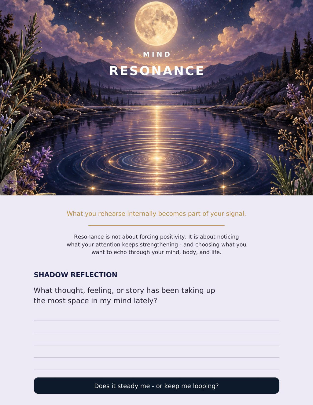 Full-color Mind Resonance reflection page with moonlit water artwork and journaling space