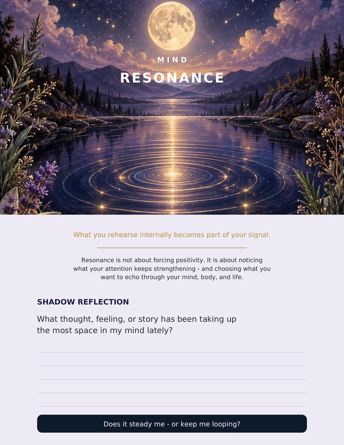 Full-color Mind Resonance reflection page with moonlit water artwork and journaling space