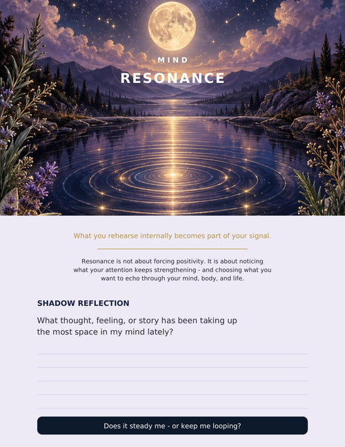 Full-color Mind Resonance reflection page with moonlit water artwork and journaling space