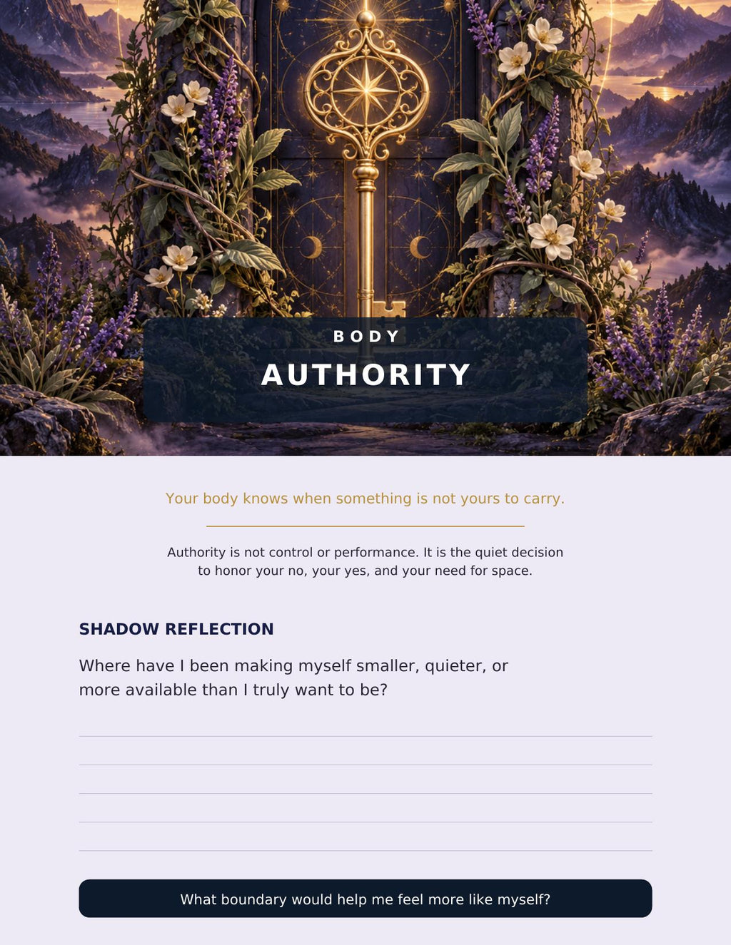 Full-color Body Authority reflection page with a golden key and botanical artwork