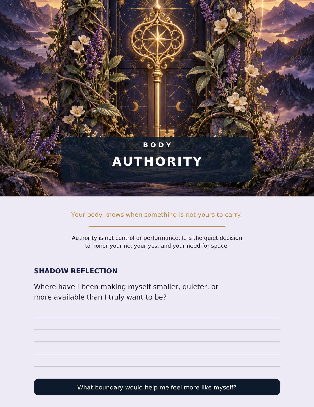 Full-color Body Authority reflection page with a golden key and botanical artwork