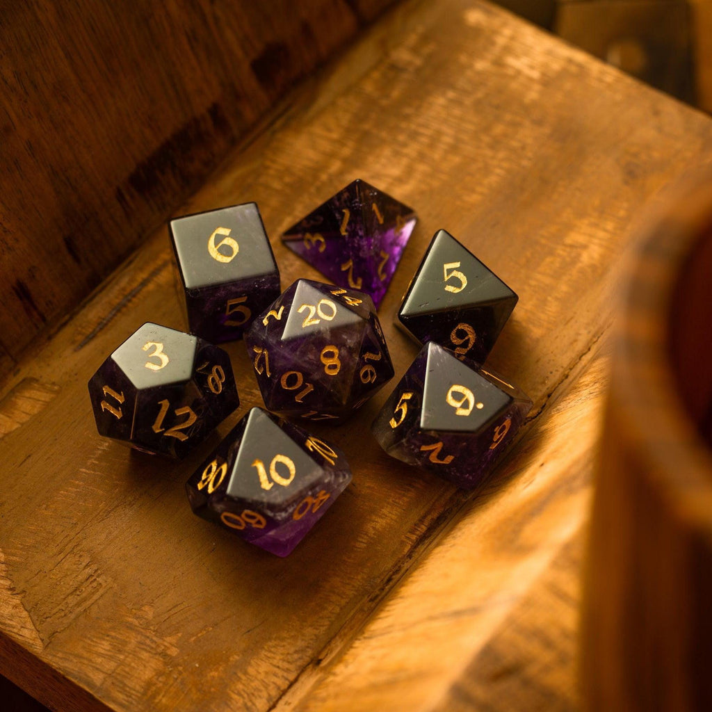 Amethyst Gemstone Dice — Single d20 or Seven-Piece Set