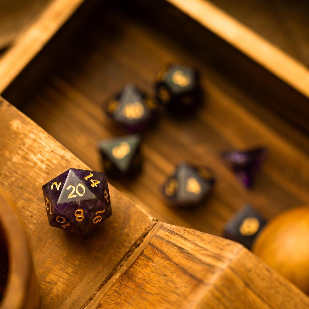Amethyst Gemstone Dice — Single d20 or Seven-Piece Set