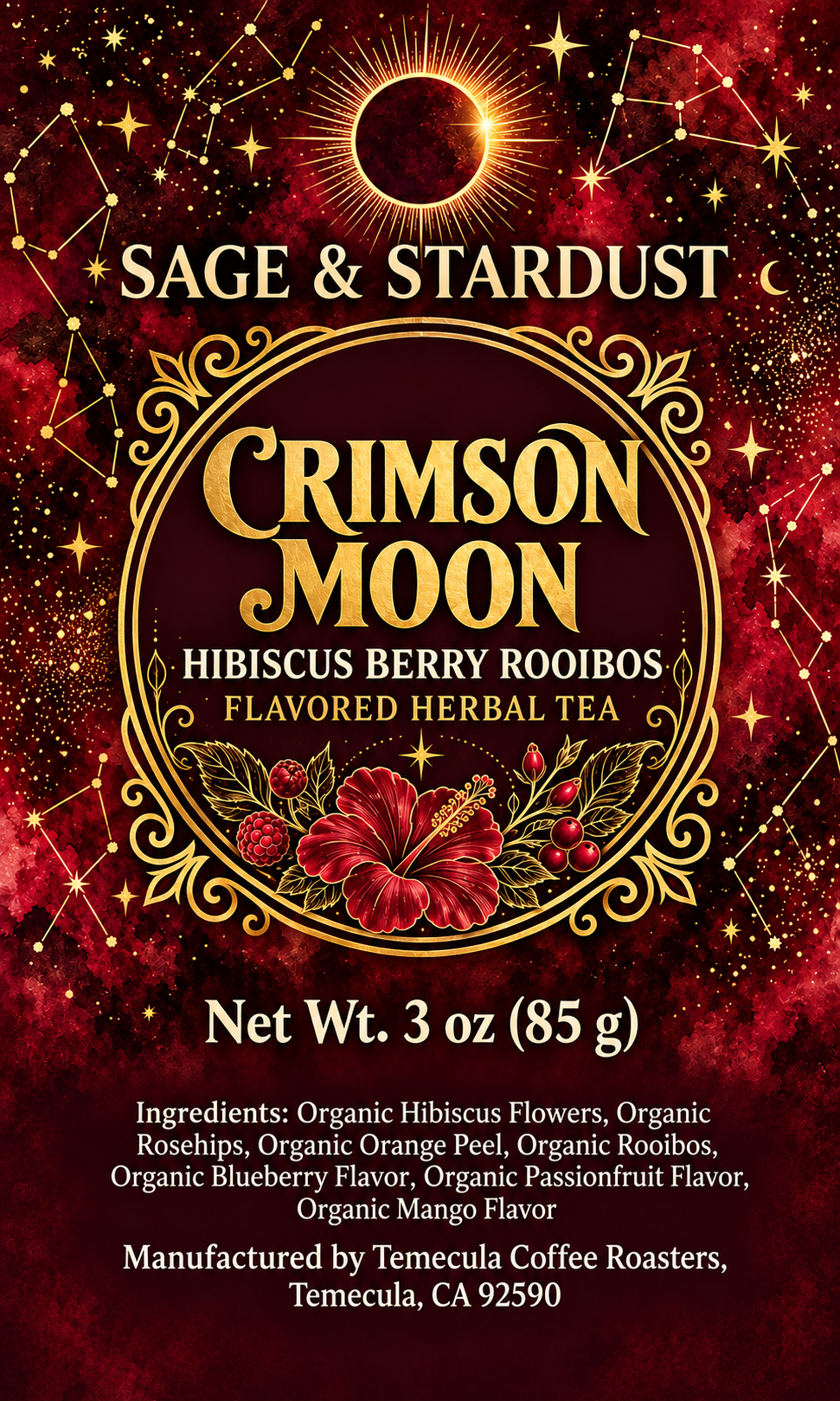 Crimson Moon Hibiscus Berry Rooibos tea label