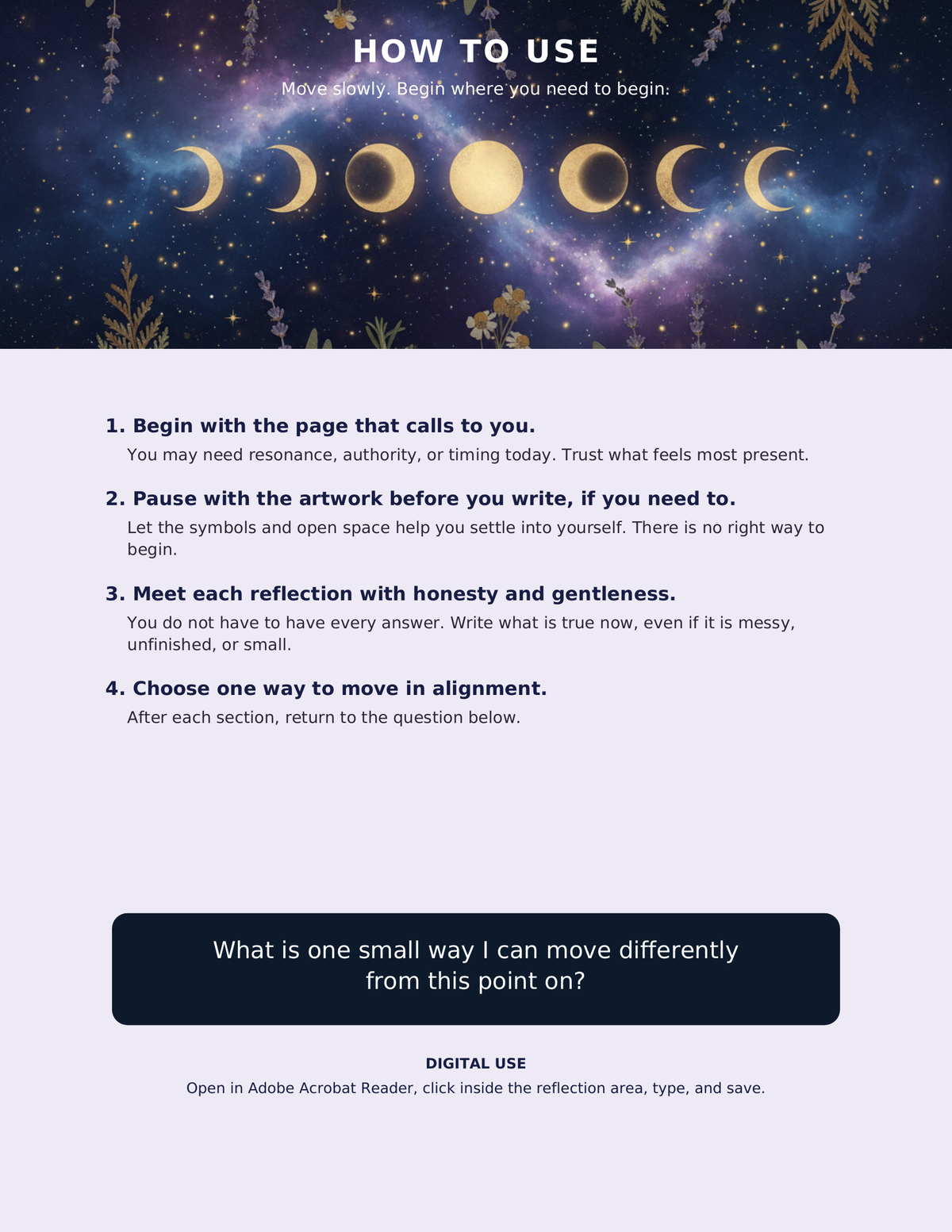 How to Use page with moon phases, reflection guidance and Adobe Acrobat Reader instructions for typing and saving responses