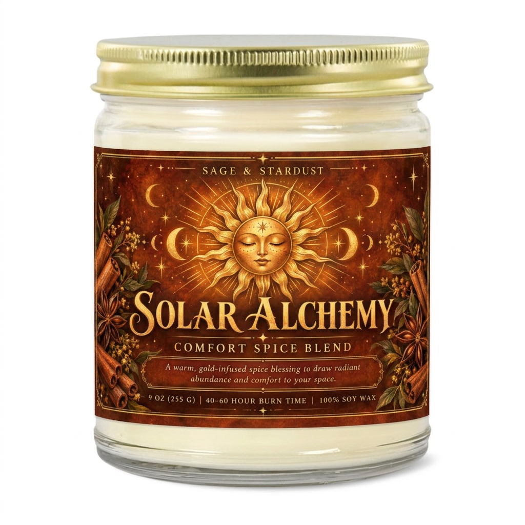 Solar Alchemy Comfort Spice candle by Sage & Stardust in a clear glass jar with a gold lid