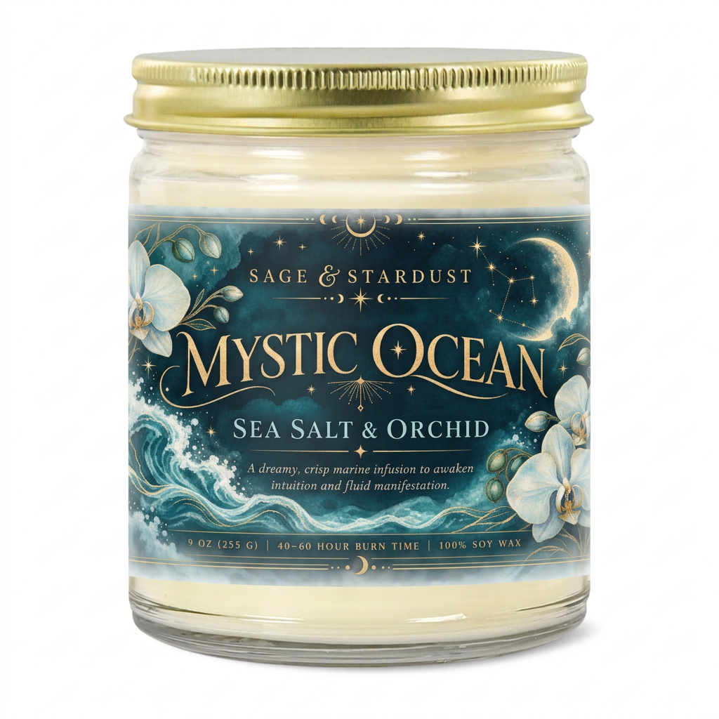 Mystic Ocean Sea Salt & Orchid candle by Sage & Stardust in a clear glass jar with a gold lid
