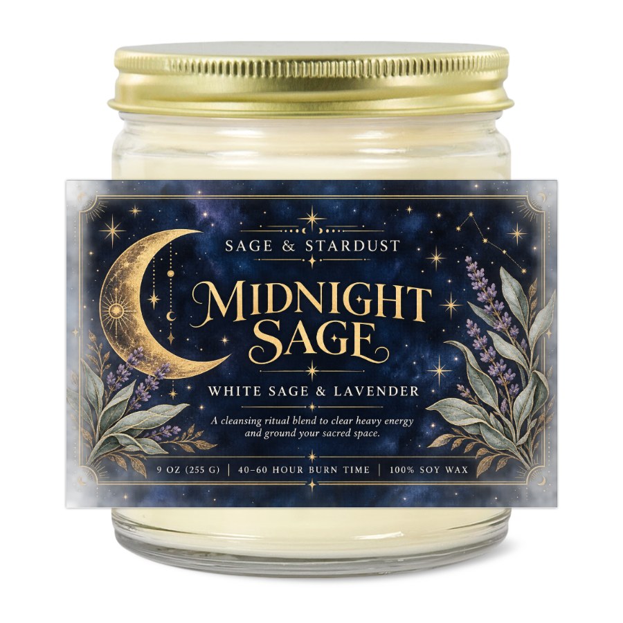 Midnight Sage White Sage & Lavender Soy Candle, Cleansing Ritual Candle for Witchy Home Decor