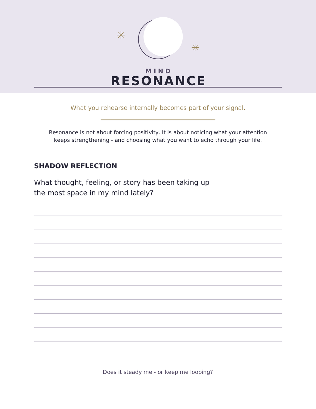 Mind Resonance printable reflection page with celestial symbols, guided journaling prompt and handwriting lines