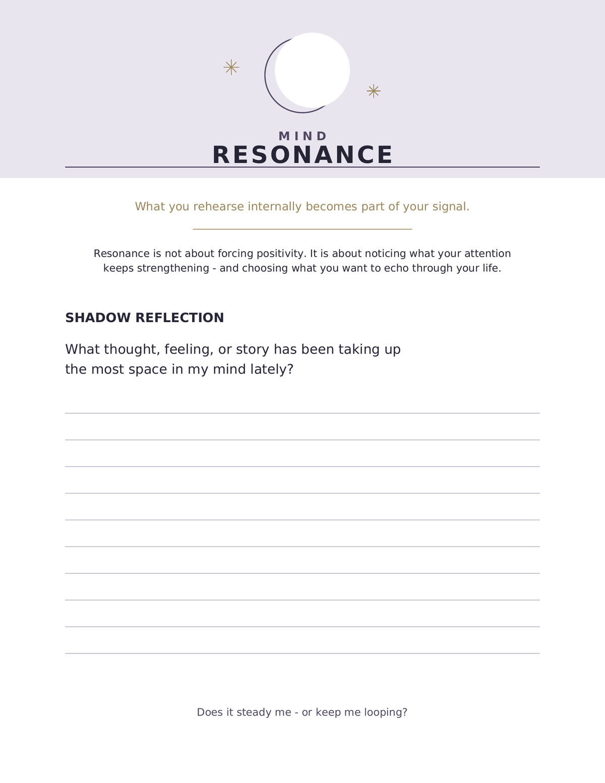 Mind Resonance printable reflection page with celestial symbols, guided journaling prompt and handwriting lines