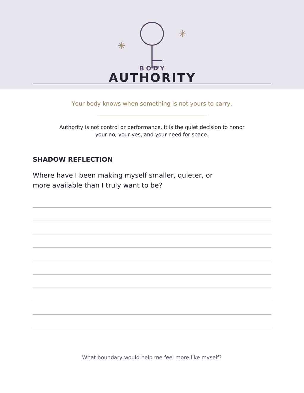Body Authority printable reflection page with a boundary-setting prompt and lined space for handwriting
