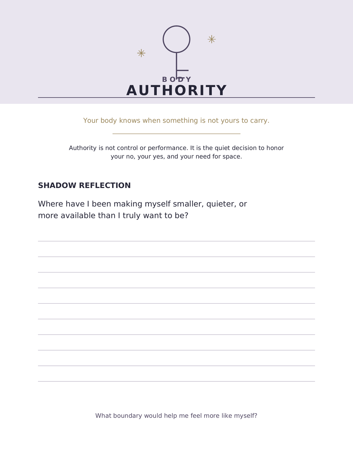 Body Authority printable reflection page with a boundary-setting prompt and lined space for handwriting