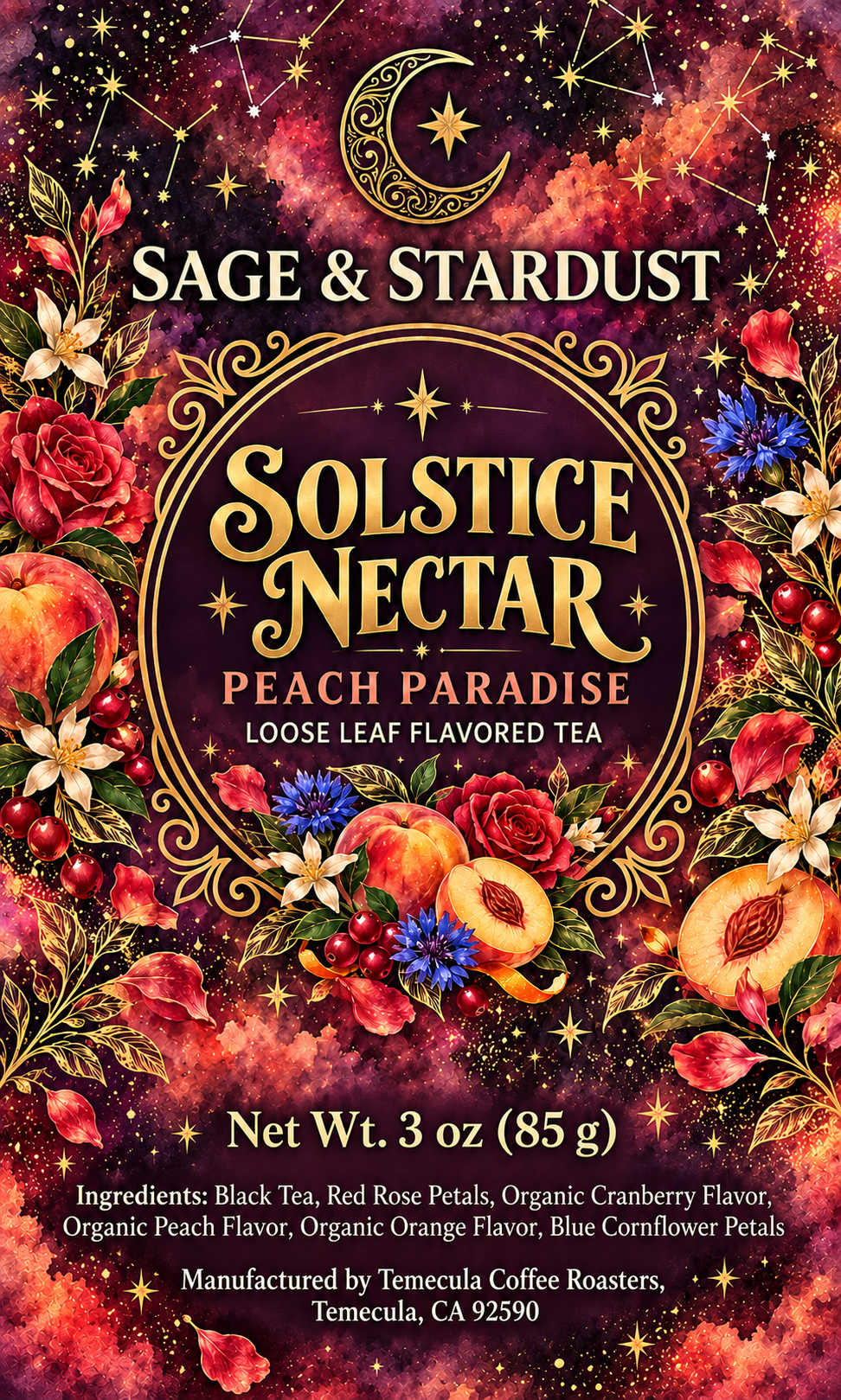 Solstice Nectar Peach Paradise tea label