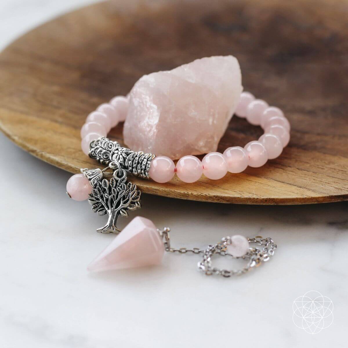 Rose Quartz Crystal Set — Stone, Bracelet & Pendulum