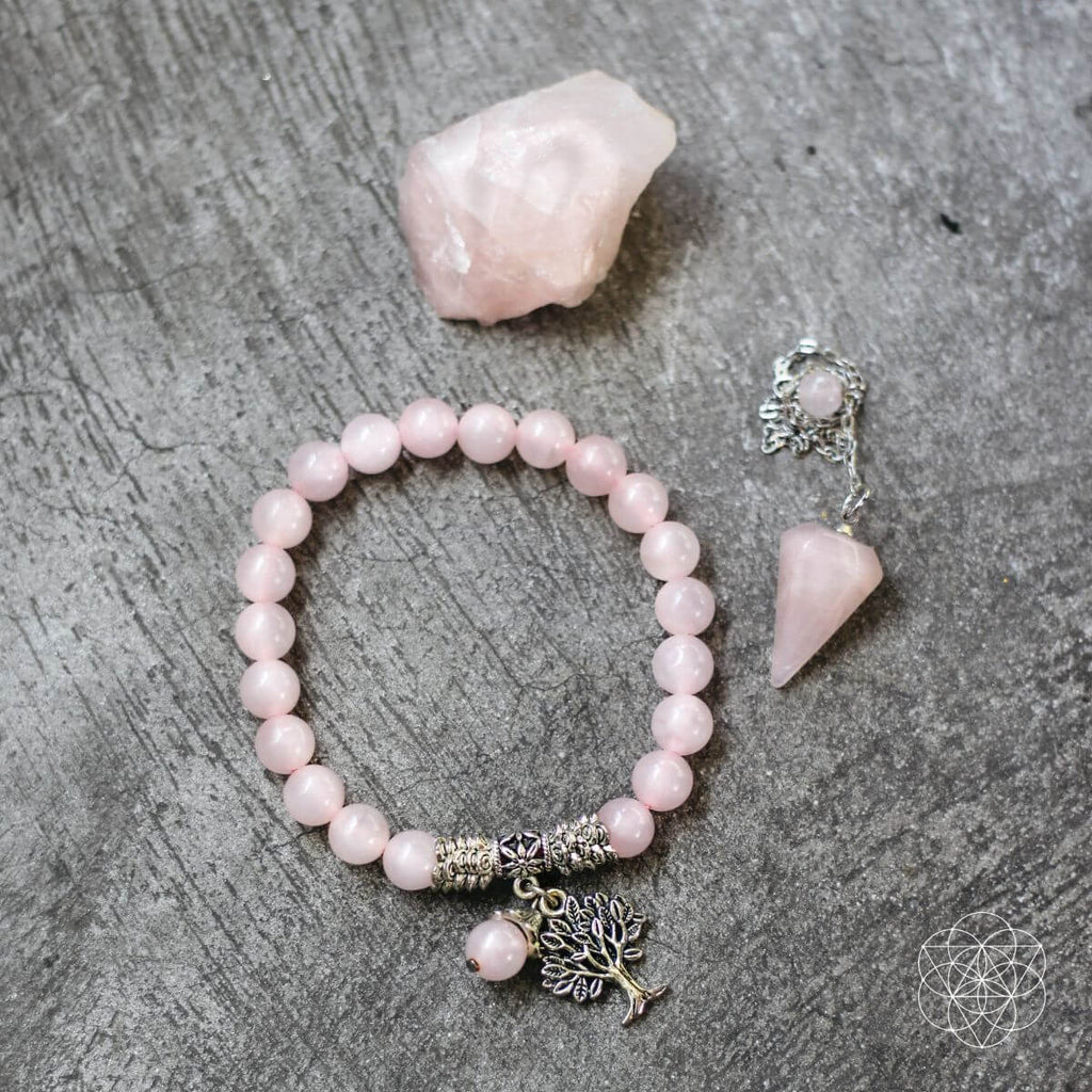 Rose Quartz Crystal Set — Stone, Bracelet & Pendulum