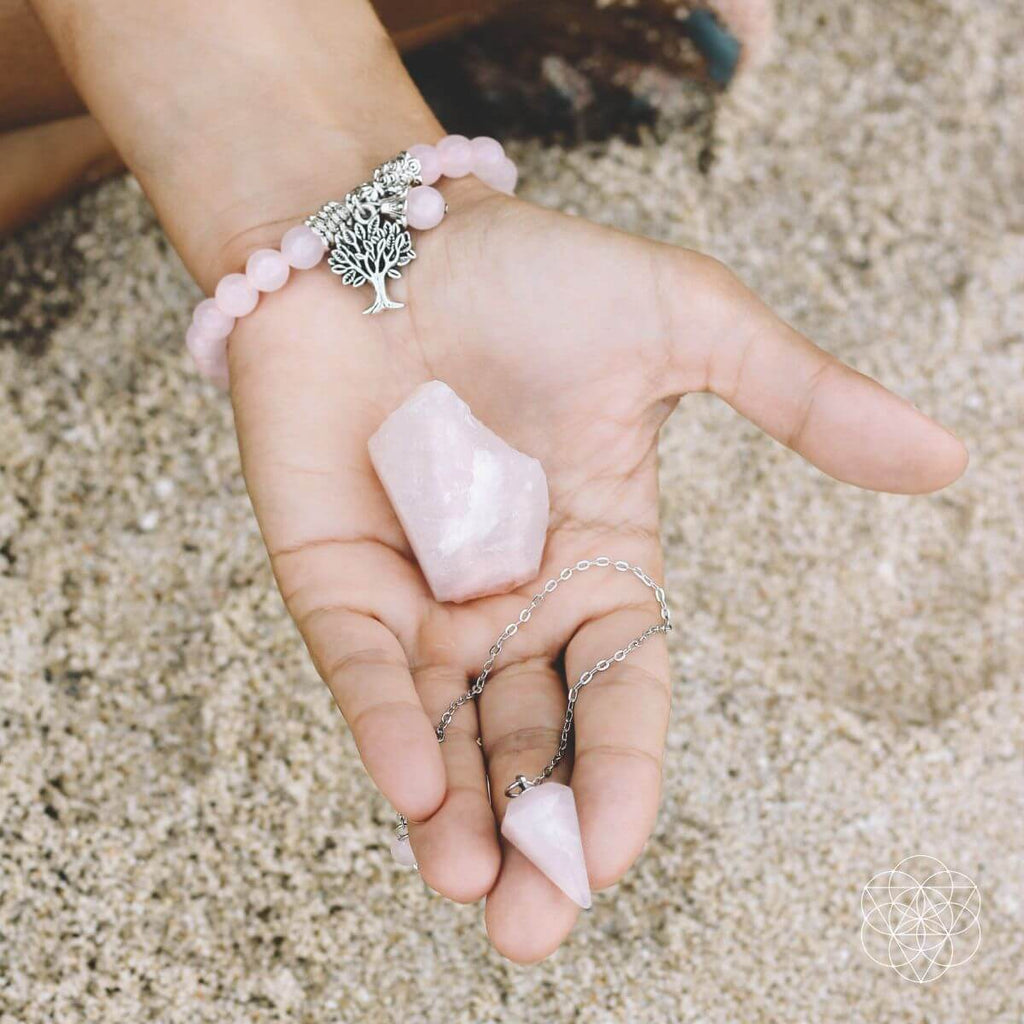 Rose Quartz Crystal Set — Stone, Bracelet & Pendulum