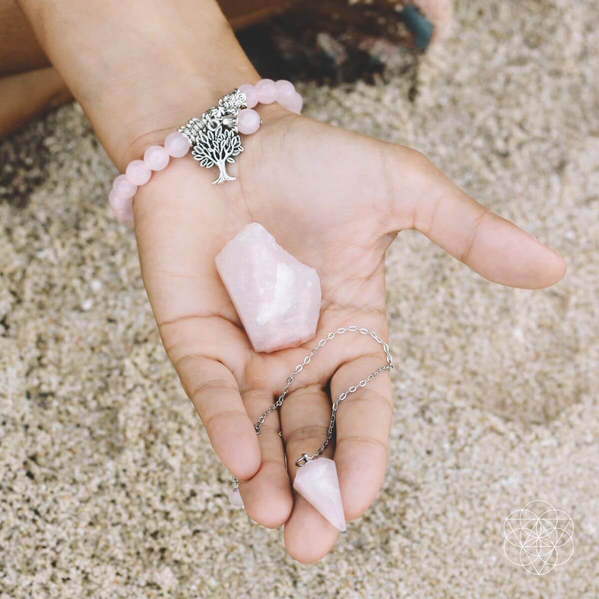 Rose Quartz Crystal Set — Stone, Bracelet & Pendulum